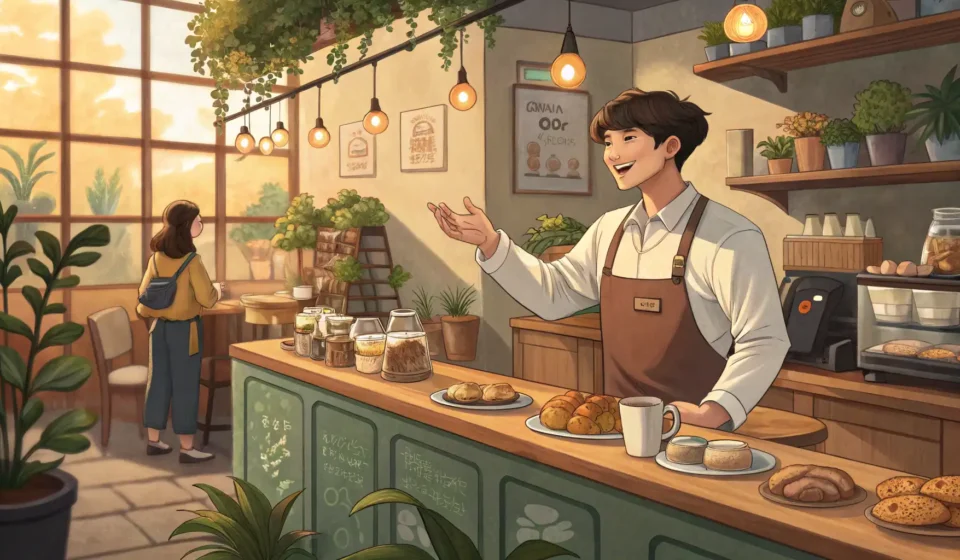 Chatting About Weekend Festivals in Korean A Korean barista cheerfully talking with a customer in a bright, cozy cafe, illustrating a Korean la...