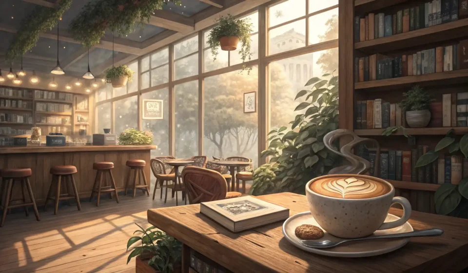 Ordering Coffee: Barista’s Latte Recommendation on a Foggy Morning A steaming latte rests on a counter inside a cozy Korean cafe, with a foggy morning scene visible th...