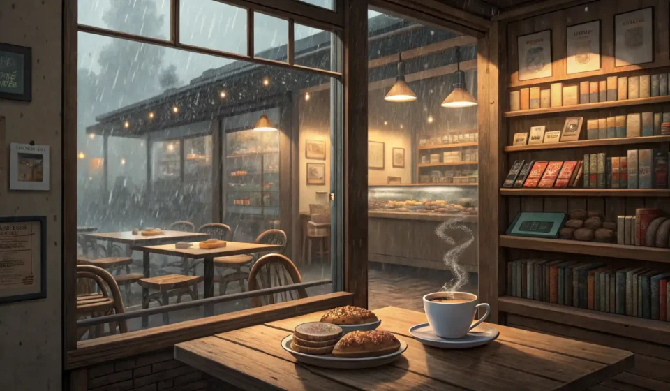 Barista Recommending Mocha in Korean A steaming mocha sits on a counter inside a cozy Korean cafe, viewed through a rain-streaked window...