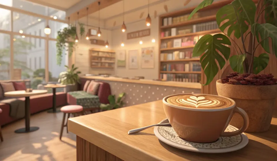 Barista and Regular Customer Movie Chat in Korean A steaming coffee cup with latte art sits next to two movie ticket stubs on a wooden counter in a br...
