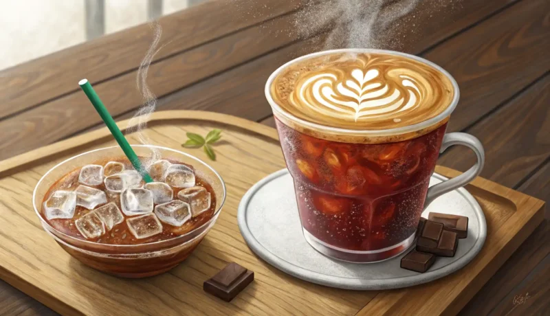 How to Order Drinks at a Cafe in Korean Close-up of an iced americano and a hot latte with latte art on a table in a modern Korean cafe sett...