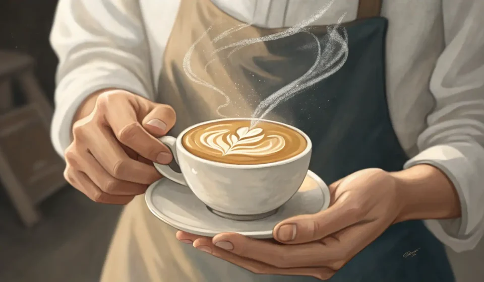 Barista Recommending a Flat White in Korean Hands of a Korean barista presenting a flat white coffee with latte art across a cafe counter, symbo...