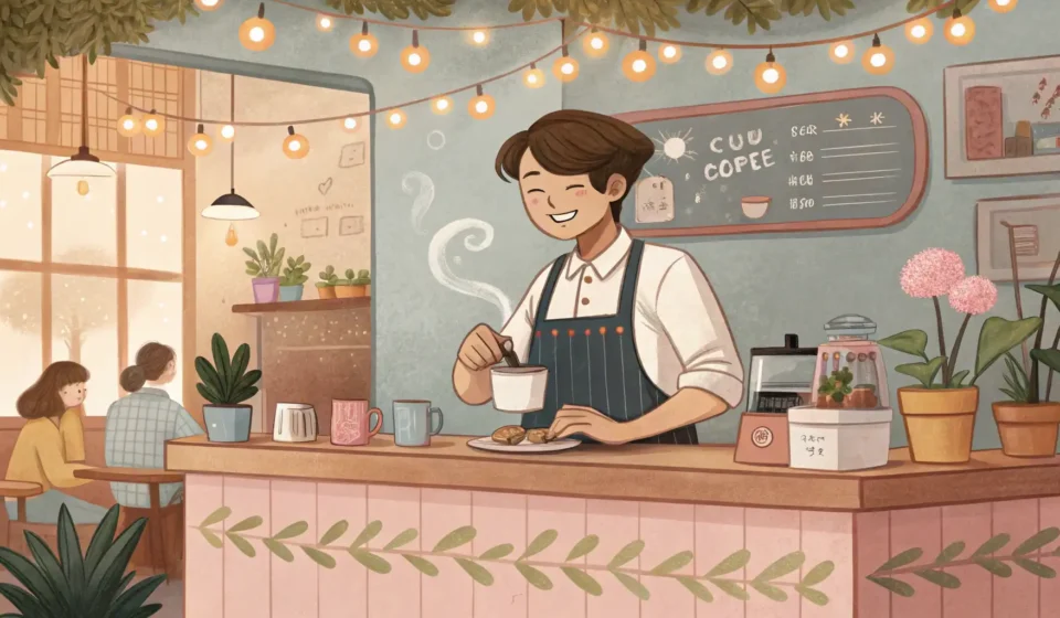How to Handle Special Drink Requests in Korean: Extra Lavender Tea Example Friendly Korean barista preparing a tea beverage in a modern Korean cafe setting, illustrating how t...