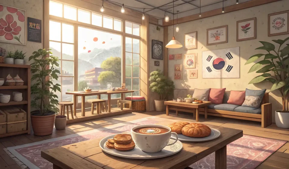 How to Express a Sibling Argument Over a Cafe Window Seat in Korean Cozy Korean cafe interior featuring a sought-after empty window seat with two coffee cups placed nea...