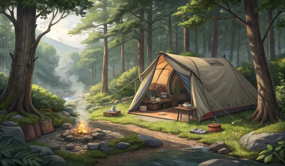 How to Express an Argument About an Unzipped Tent in Korean Close-up of an unzipped tent flap at a campsite in a Korean forest setting, symbolizing a potential...