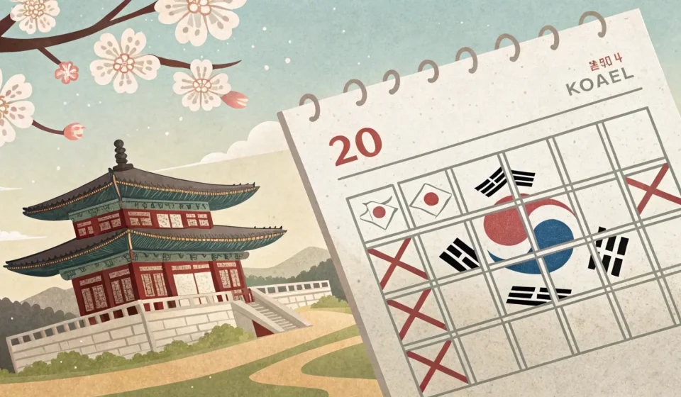Making a Phone Call to Cancel Plans in Korean Illustration of a calendar page with a date crossed out, symbolizing cancelling plans in Korean, set...