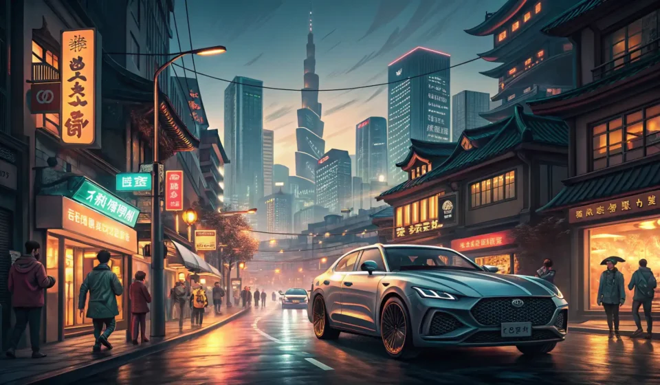 Signing Up for Car Insurance in Korean Stylized illustration of a modern car on a vibrant Seoul street at night, symbolizing the process of...