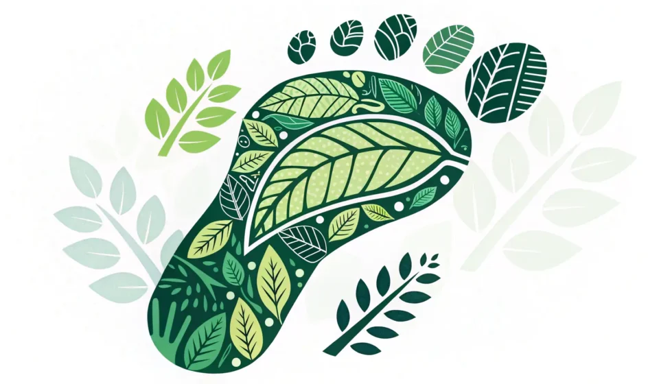 How to Say Carbon Footprint in Korean Stylized footprint icon made of green leaves against a soft-focus Korean pine forest background, sym...