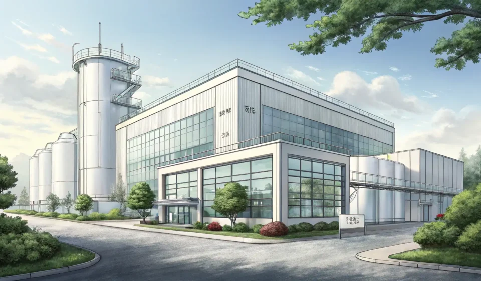 How to Say Chemical Product Manufacturing Industry in Korean Illustration of a modern Korean chemical manufacturing facility, symbolizing the Korean term for the...