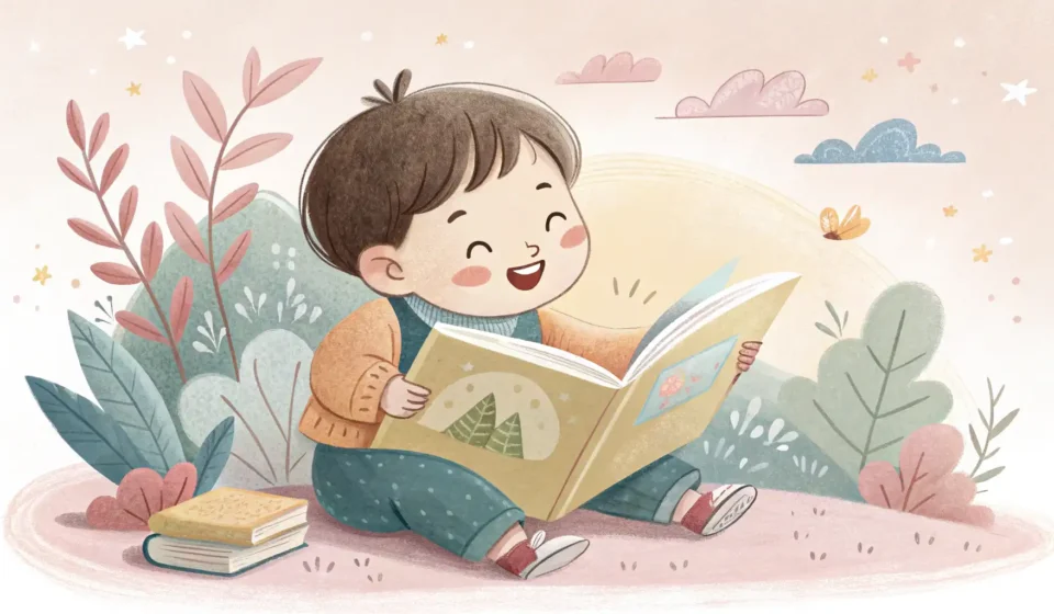 How to Say Reading Korean Children’s Books in Korean Illustration of a happy Korean child reading a colorful picture book, representing learning Korean t...