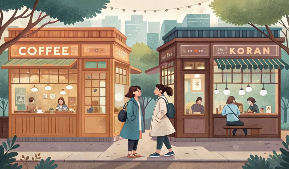 How to Talk About Choosing a Coffee Shop in Korean Illustration of two friends looking indecisive while standing between two different Korean coffee sh...