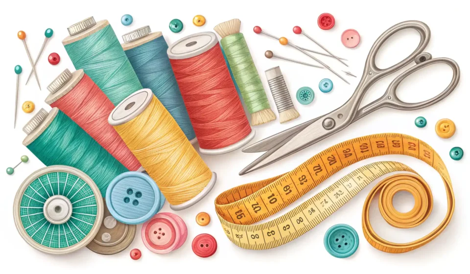 How to Request Clothing Alterations in Korean Tailoring tools including spools of thread, scissors, and a measuring tape laid out on fabric, repre...