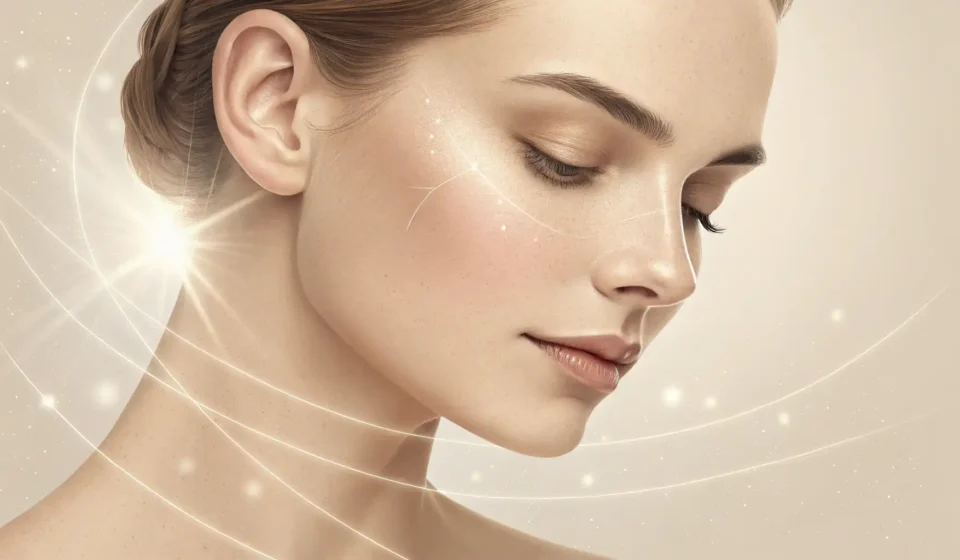 Understanding Collagen Injections in Korean Minimalist illustration of radiant facial skin, symbolizing Korean skincare and the topic of collage...
