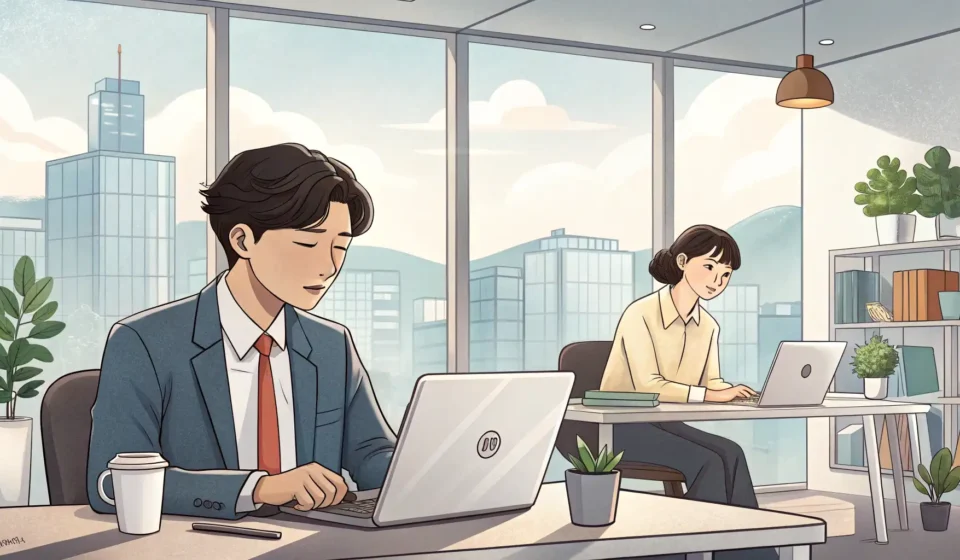 How to Ask a Colleague for Last-Minute Help in Korean Two Korean colleagues in a modern office setting, one appearing stressed and asking for urgent help...