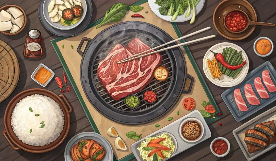 How to Attend a Korean Company Dinner (Hoesik) Overhead shot of a Korean BBQ table laden with food, side dishes, and soju, symbolizing a Korean com...