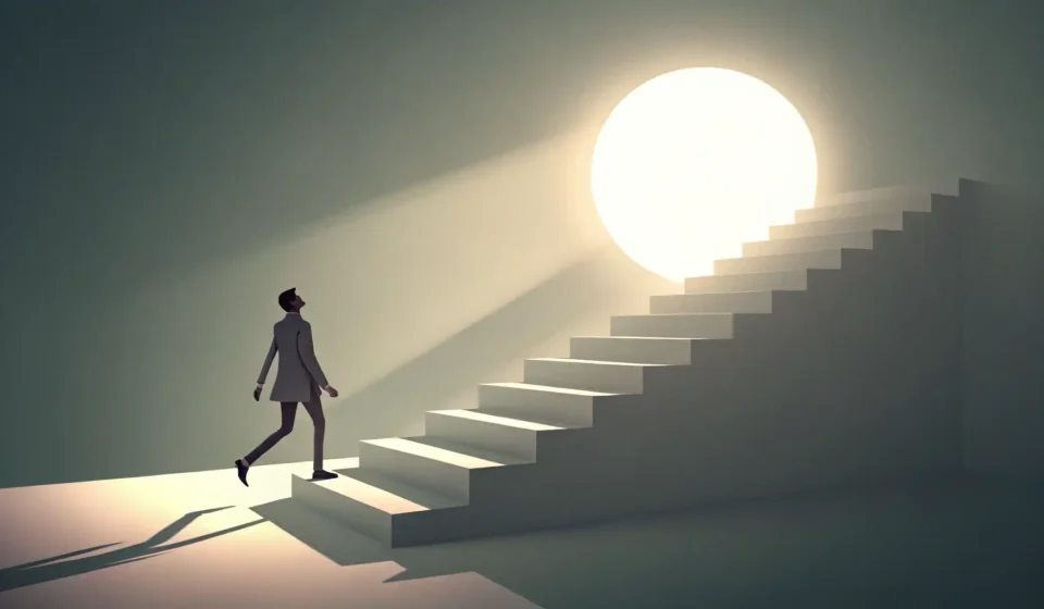 How to Say Competency Development in Korean Stylized graphic showing a figure climbing glowing steps towards a lightbulb, symbolizing learning a...