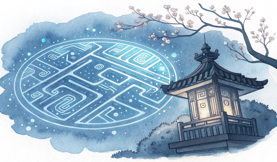 Expressing Complex Philosophical Debates in Korean: Robot vs. Rock on Being Alive Abstract Korean ink wash style image symbolizing a philosophical debate: a glowing blue circuit patt...