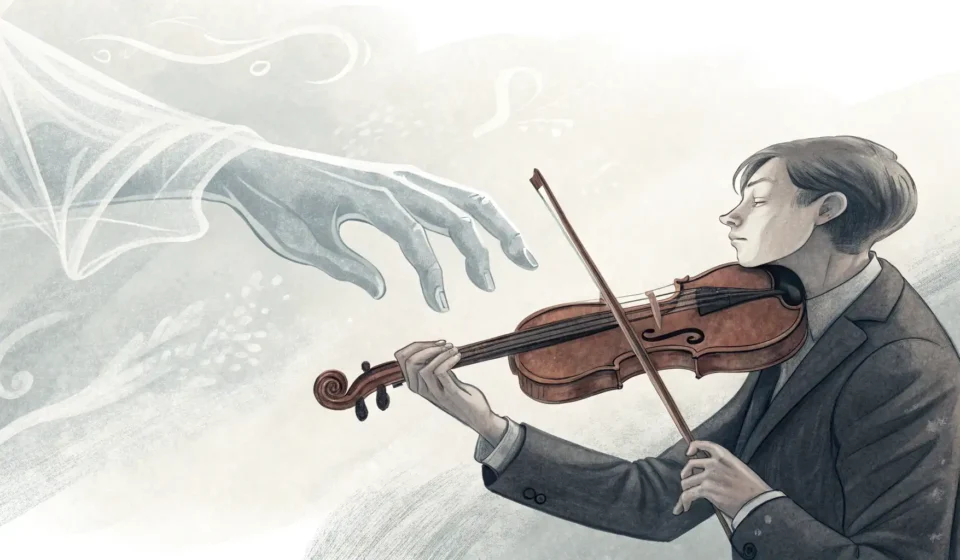 How to Describe a Ghost Composer Negotiating for a Silent Storm Sound in Korean Korean ink painting style thumbnail showing a ghostly hand guiding a living hand with a violin bow o...