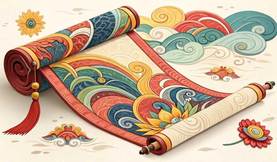 How to Express Complex Concepts: Cyborg, Desert Wind, and Shifting Paths in Korean A stylized Korean scroll unfurls, showing complex, shifting lines representing a difficult path, sym...