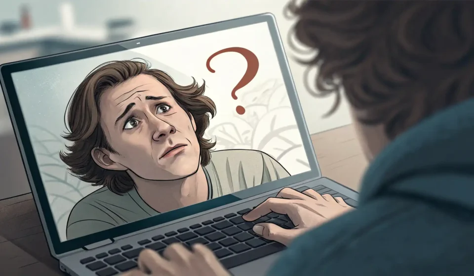 How to Inquire About Computer Malfunctions in Korean Illustration of a person looking questioningly at a laptop displaying an error symbol, representing...