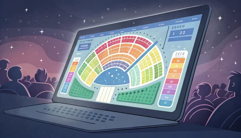 How to Book Concert Tickets in Korean Stylized illustration showing a computer screen with a concert seat map, symbolizing online ticket b...