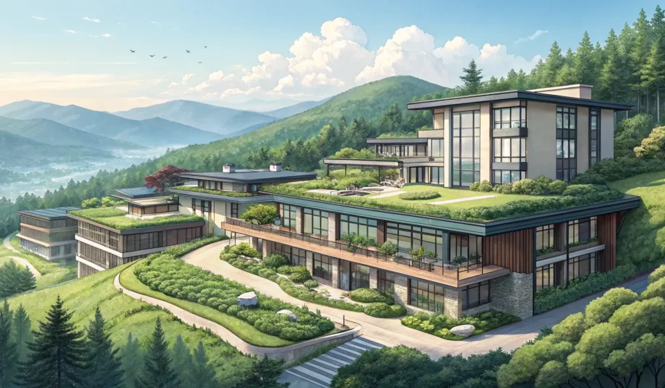 How to Say Condominium Business in Korean Illustration of a modern Korean resort condominium complex in a mountain setting, representing the K...