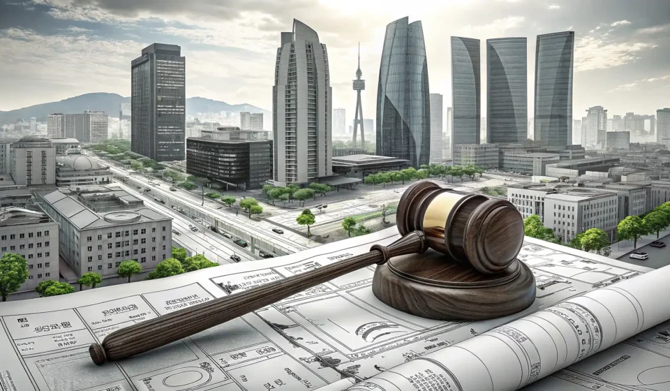 How to Say Construction Arbitration in Korean Illustration symbolizing Korean construction arbitration: a gavel and blueprints before a modern Kor...