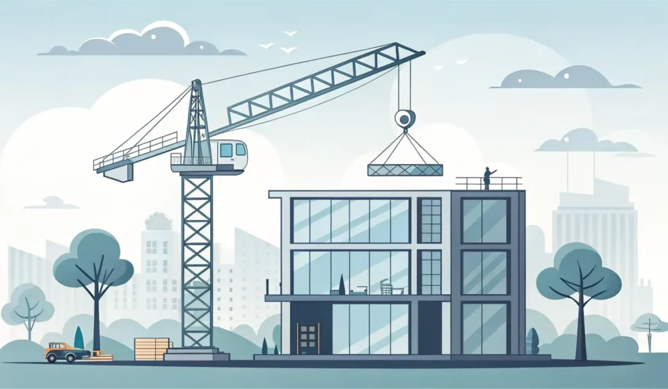 How to Say Construction Subcontracting in Korean Stylized illustration of a modern Korean construction site with a crane, representing the Korean lea...