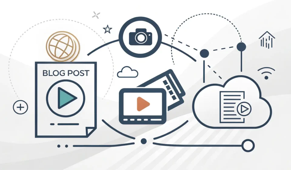How to Say Content Marketing in Korean Abstract graphic illustrating content marketing concepts with digital icons arranged around a styliz...