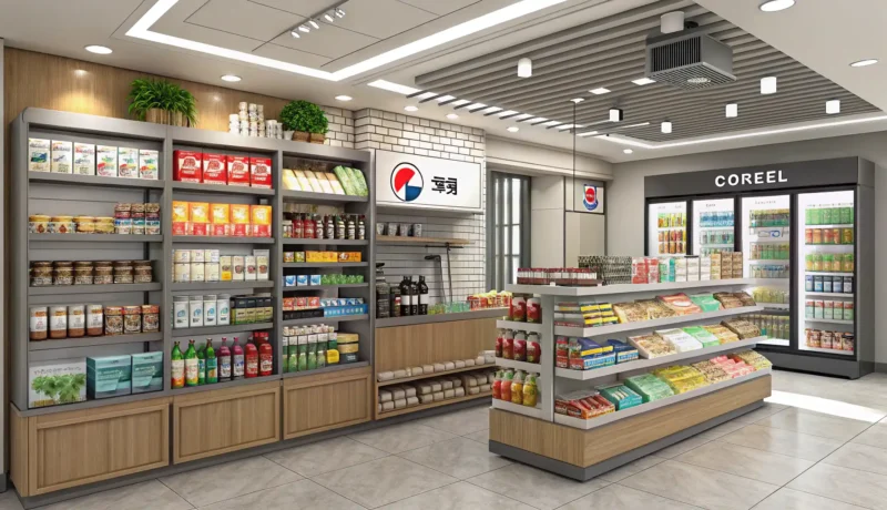 Finding Items in a Korean Convenience Store Interior view of a brightly lit Korean convenience store aisle, shelves packed with various iconic K...