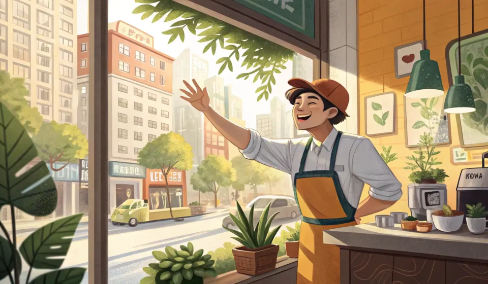 Barista and Customer Chat: Discussing Hiking in Korean A Korean barista in a cafe discusses a nearby mountain hiking trail visible through the window with...