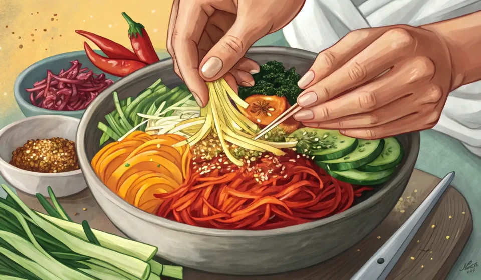 How to Ask for Korean Cooking Recipes Hands preparing ingredients for a Korean bibimbap dish in a stone bowl, representing the process of...
