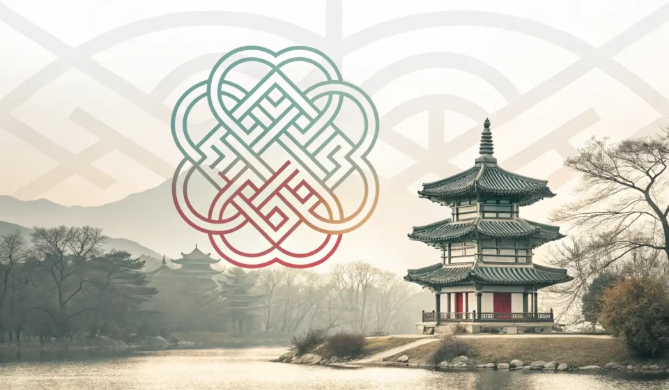How to Say CI in Korean Abstract geometric shapes in traditional Korean colors (blue, red, yellow, white, black) interlock t...