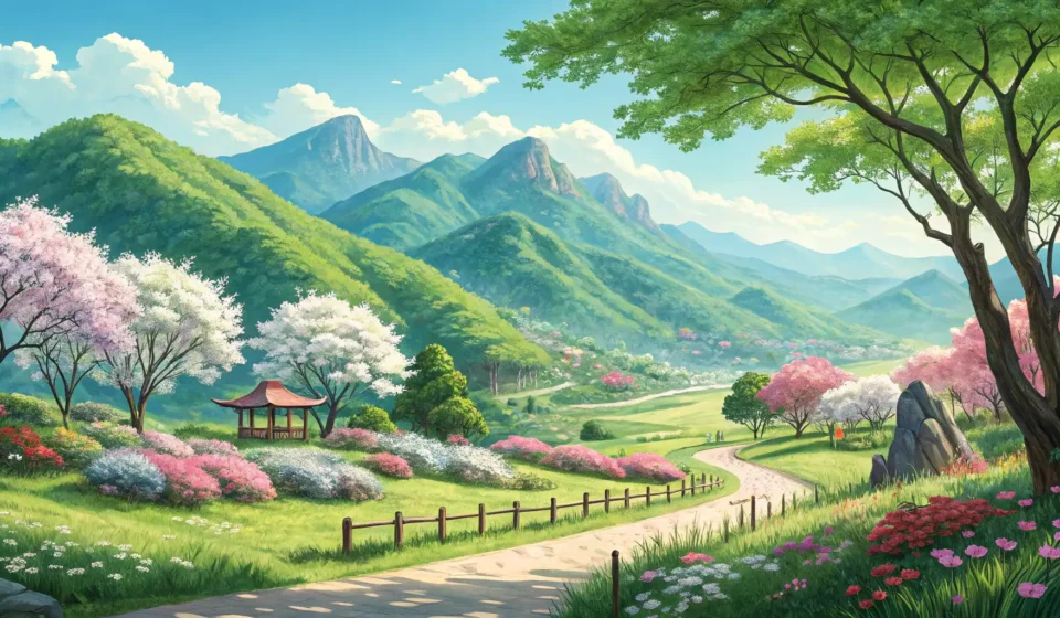 Understanding County Parks in Korean (군립공원) Illustration depicting a beautiful Korean park scene with green mountains, a forest trail, and a tra...