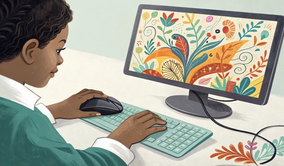 How to Register for School Classes in Korean Illustration depicting hands using a computer for Korean school course registration, with a stylized...
