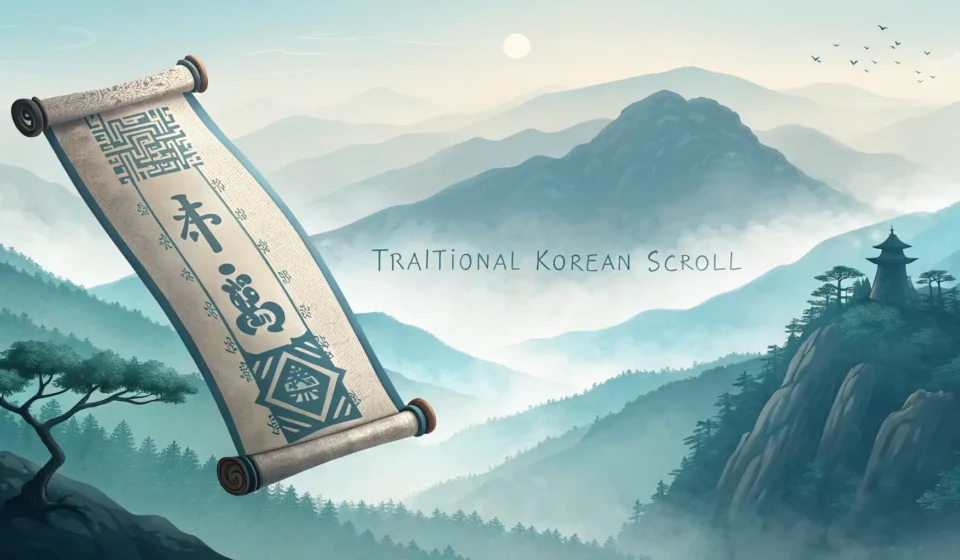 How to Express “A Time-Traveling Bard Asking a Medieval Poet How to Rhyme with Echoes” in Korean A traditional Korean scroll unfurls before a misty mountain range, symbolizing creative expression a...
