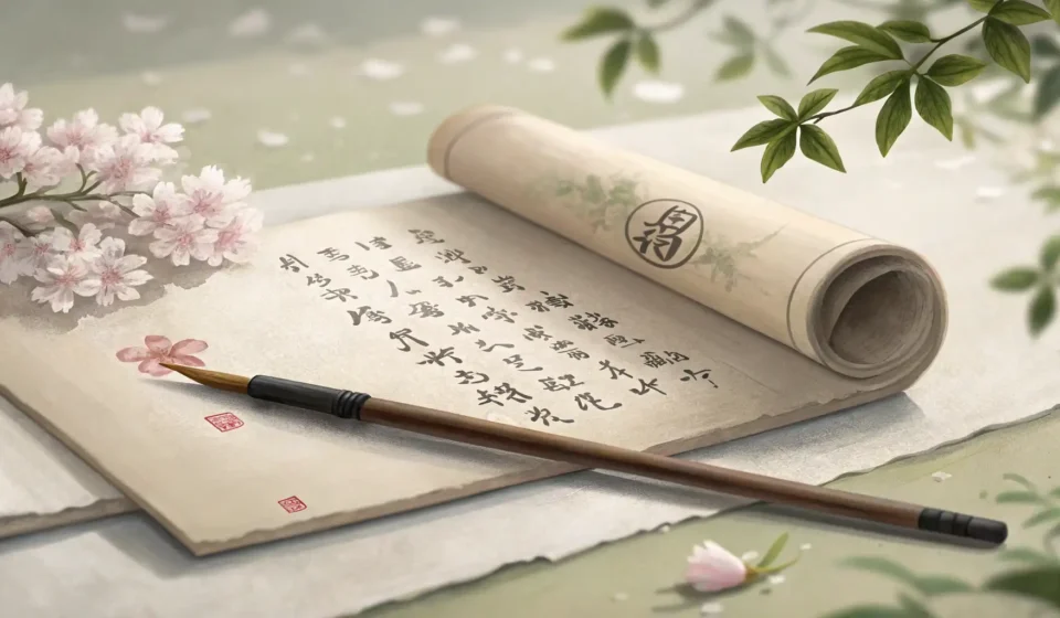 How to Say: A Werewolf Poet Asking a Vampire Critic for Notes on a Lunar Elegy in Korean A Korean calligraphy brush and inkstone sit beside an open scroll under a large full moon seen throu...