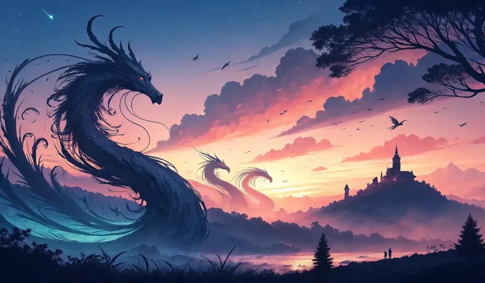 How to Say “A Werewolf Poet Asking a Vampire Bard How to Howl in Dusk and Dawn Verse” in Korean Abstract ink brush strokes resembling mythical figures against a twilight sky with Korean patterns,...