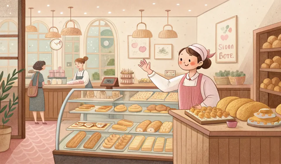 Ordering a Custom Cake in Korean: A Shopper’s Guide Illustration of a customer interacting with a baker in a cozy Korean bakery, discussing custom cakes...