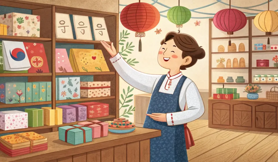 How to Order a Custom Gift Box in Korean Illustration of a customer discussing custom gift box options with a friendly Korean shop owner surr...