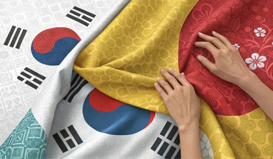How to Order Custom Pillowcases in Korean Hands examining colorful Korean fabric samples with traditional patterns, symbolizing the process of...