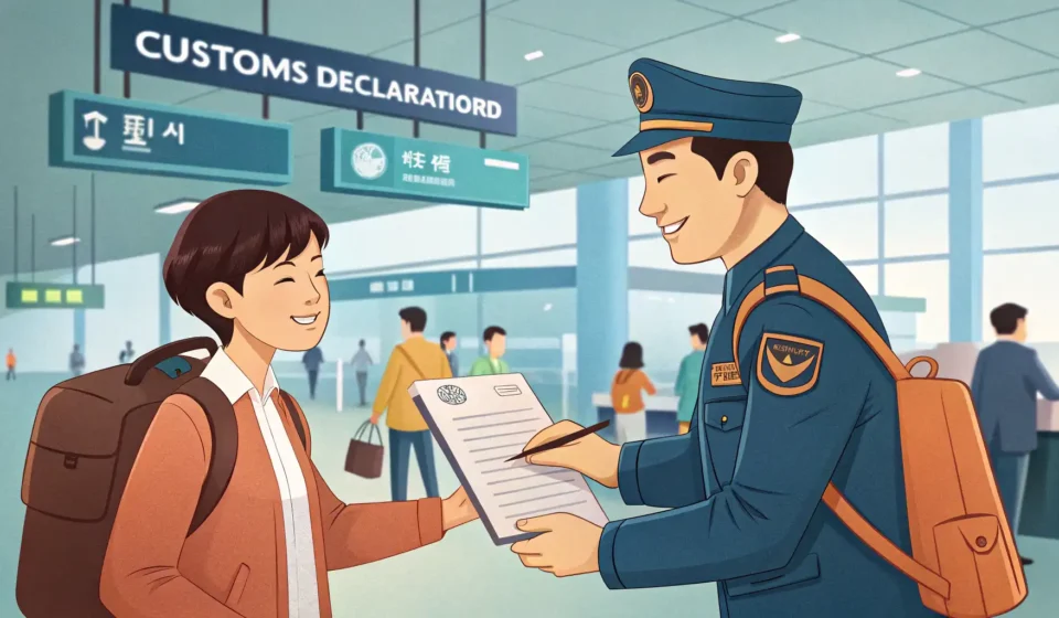 How to Declare Imports in Korean Illustration showing a traveler submitting a customs declaration form to a Korean customs officer at...