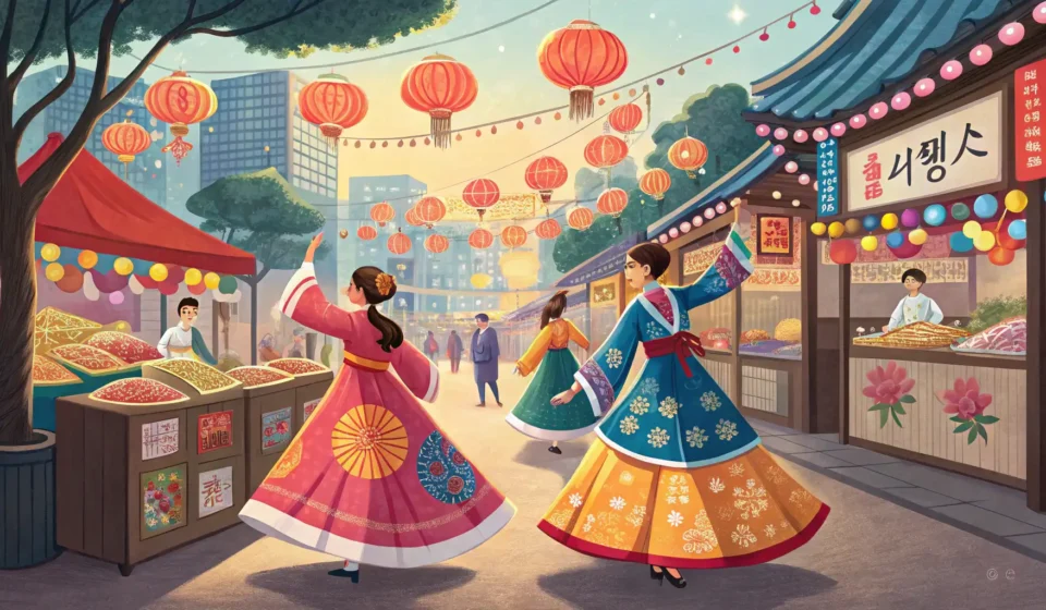 Asking About Traditional Dance at a Street Fair in Korean Illustration of traditional Korean dancers performing in colorful Hanbok at a street fair, with a to...