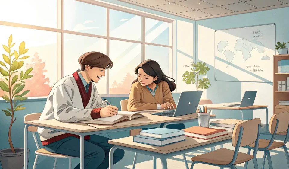 Asking for Debate Tips in Korean: Student to Classmate Two Korean university students discuss study notes in a classroom setting, illustrating how to ask a...