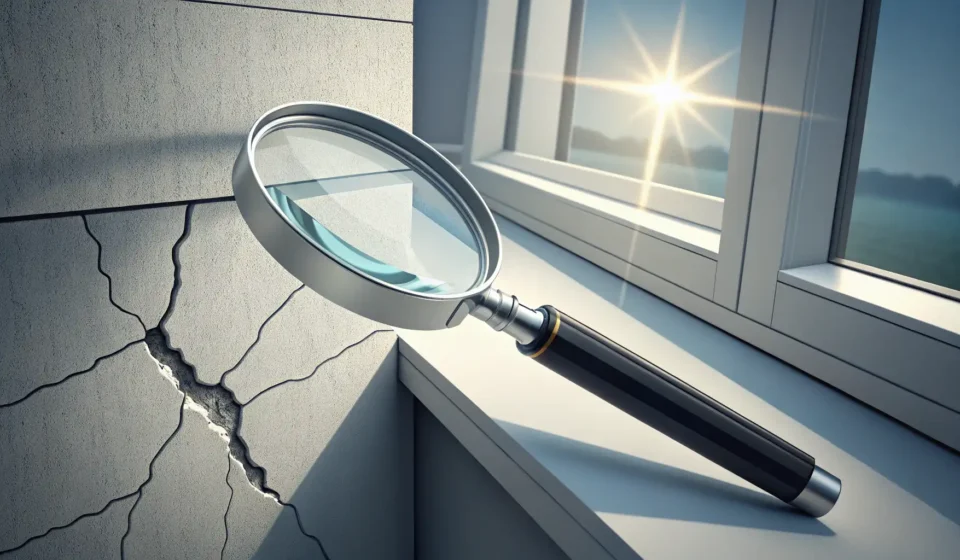 How to Say Defect Repair (하자보수) in Korean Illustration symbolizing Korean defect repair (하자보수), showing a magnifying glass inspecting a crack...