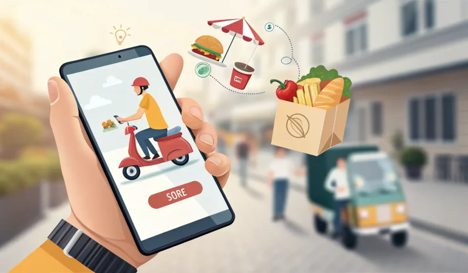 How to Use Korean Delivery Apps Hand holding a smartphone displaying icons of Korean food on a generic delivery app screen, with a b...