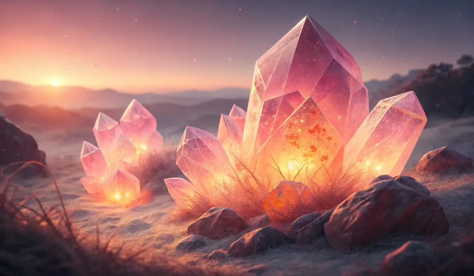 How to Say “A fairy jeweler negotiating with a dwarf for gems that pulse with dawn” in Korean Stylized glowing gems pulsing with dawn light on a Korean patterned surface, representing a Korean l...