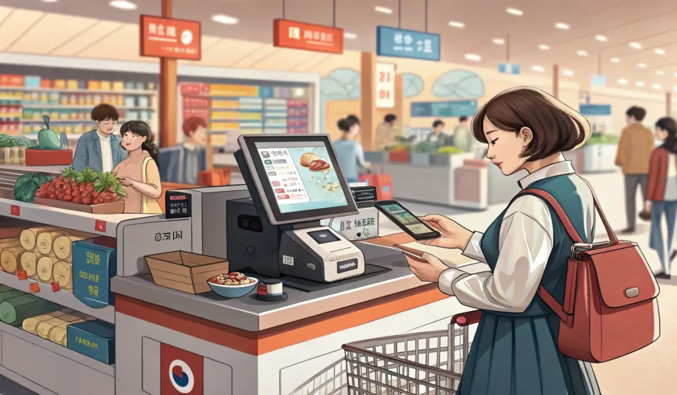 How to Ask About a Promotional Code Glitch in Korean Illustration depicting a shopper encountering an issue with a promotional code at a Korean checkout...
