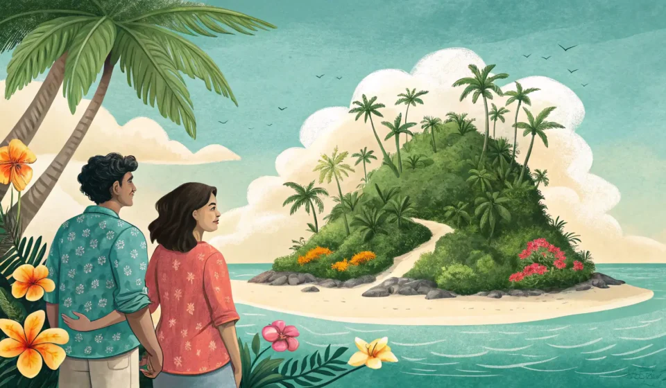 Discussing Tropical Island Getaways in Korean An illustration depicting a couple contemplating two different tropical island destinations, symboli...