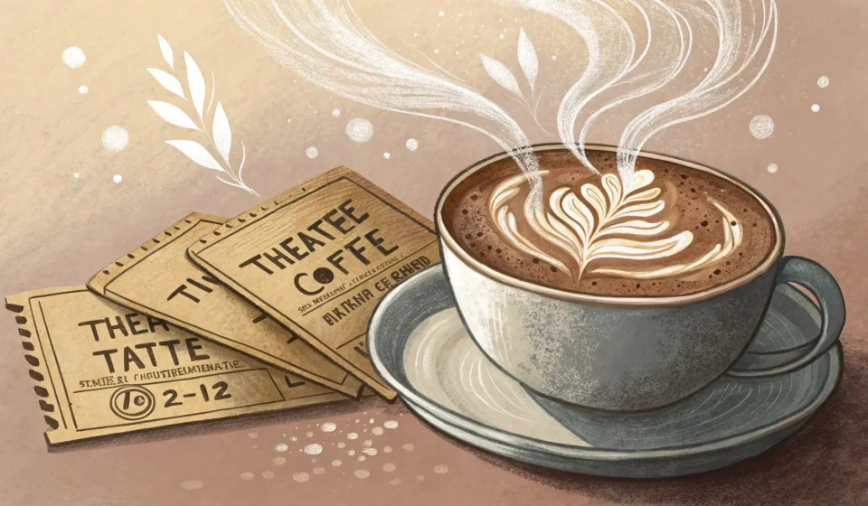 How to Chat About a New Local Play in Korean: Barista & Customer Scenario Steaming coffee cup and theatre tickets with mask icons on a cafe table, illustrating a Korean learn...